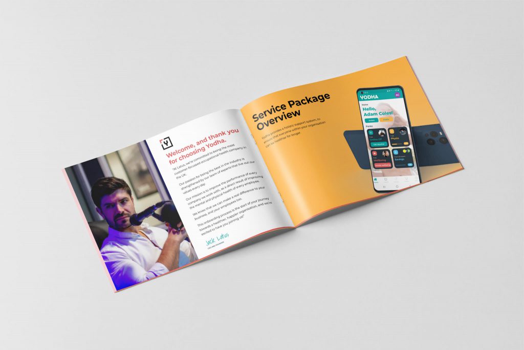 Yodha welcome brochure mockup open flat